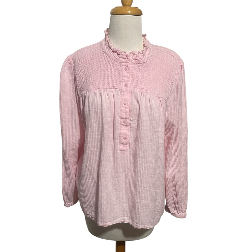J Crew Pink Gauzy Smocked Long Sleeve Garden Top
